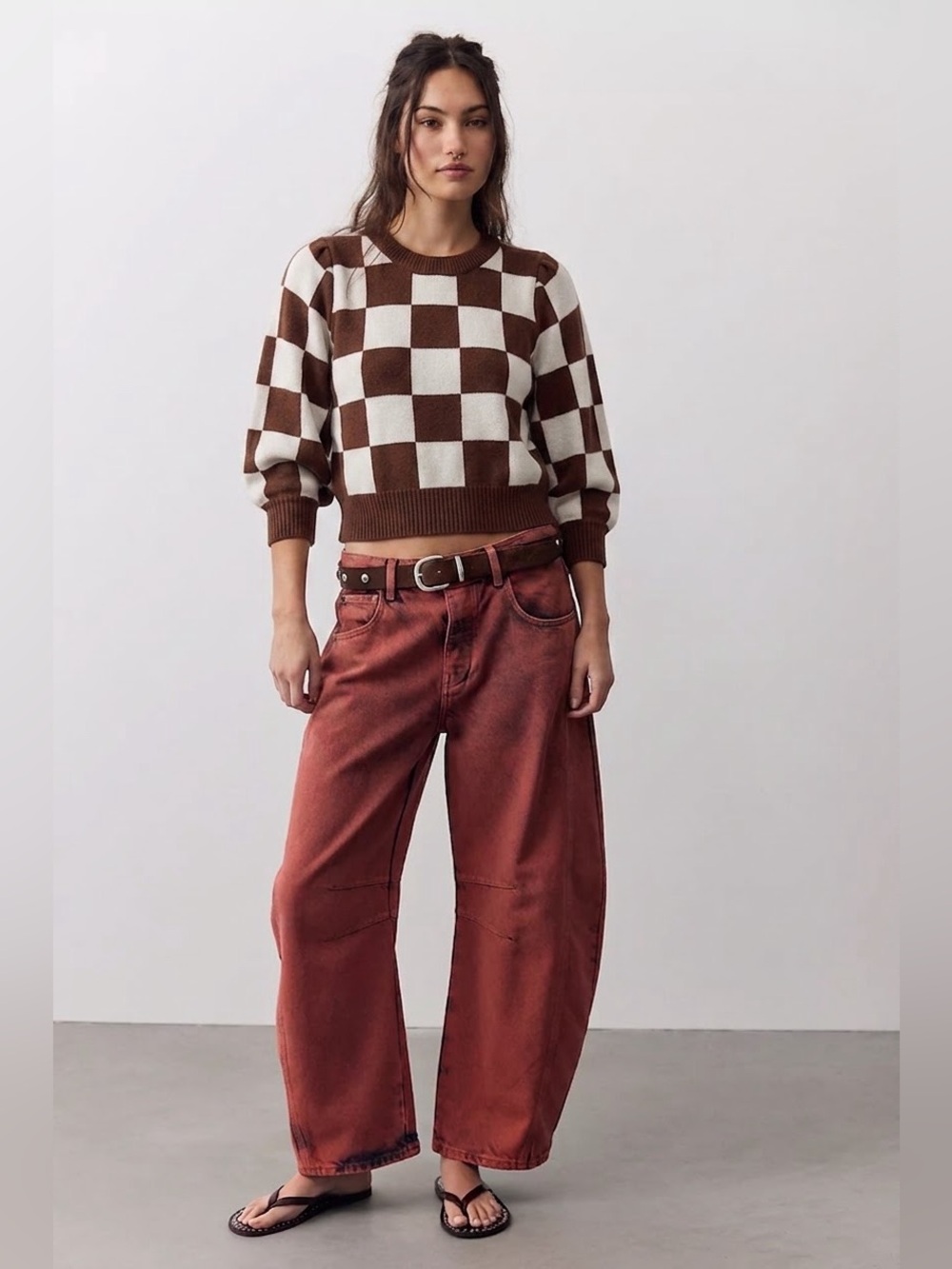 BaeVely Checked Brown & Cream Sweater With Puff Sleeves Size Small